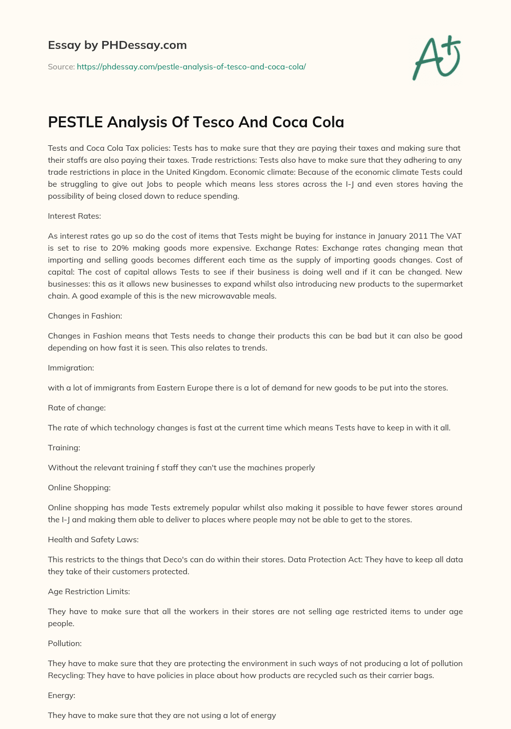 PESTLE Analysis Of Tesco And Coca Cola essay