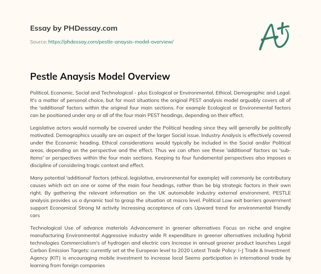 Pestle Anaysis Model Overview essay