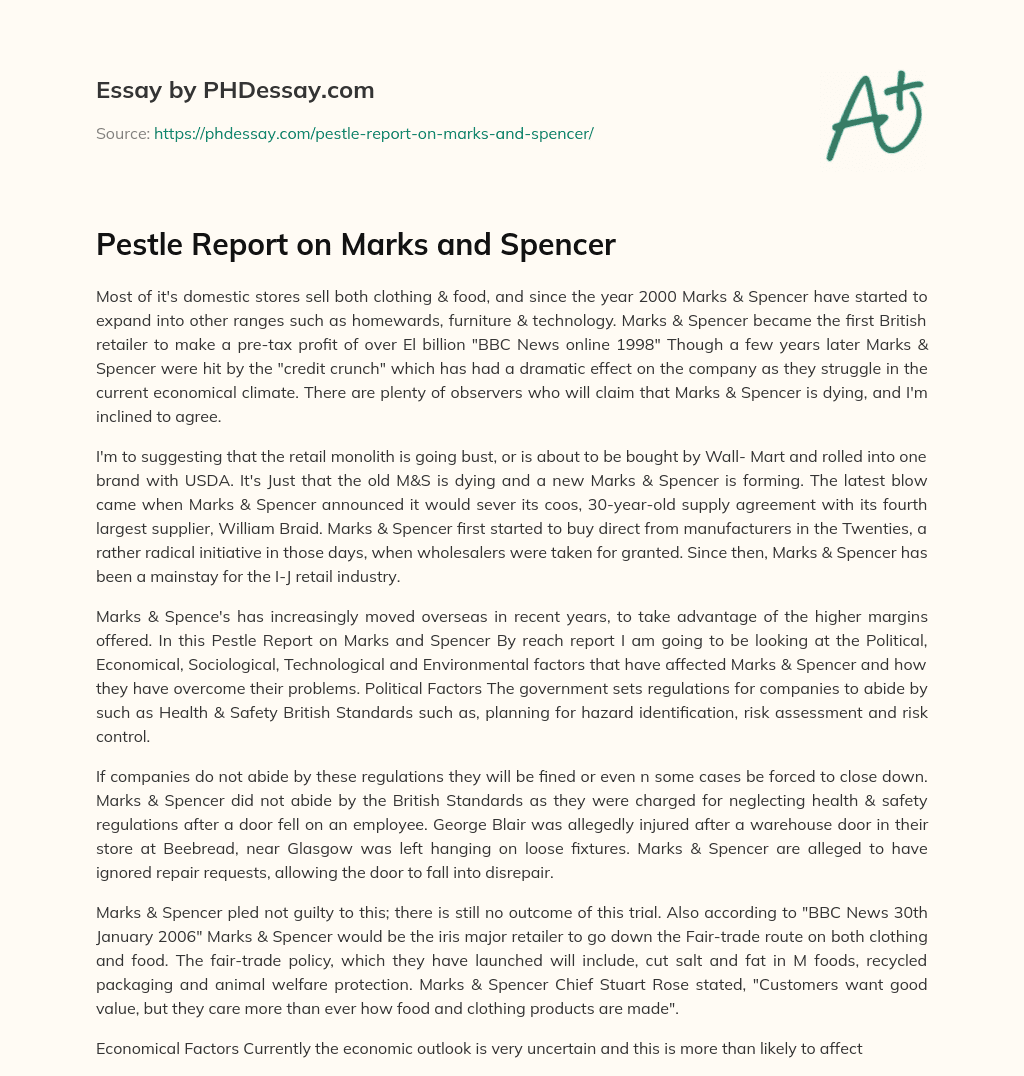 Pestle Report on Marks and Spencer essay