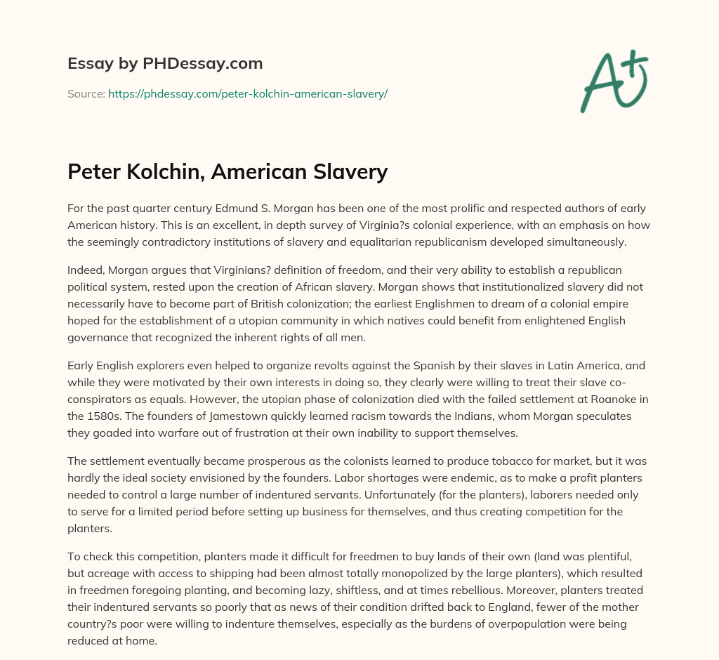 Peter Kolchin, American Slavery essay