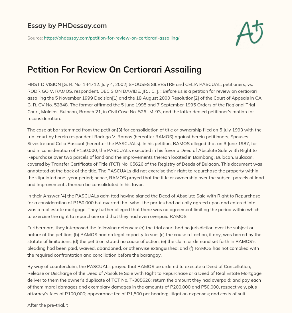 Petition For Review On Certiorari Assailing essay