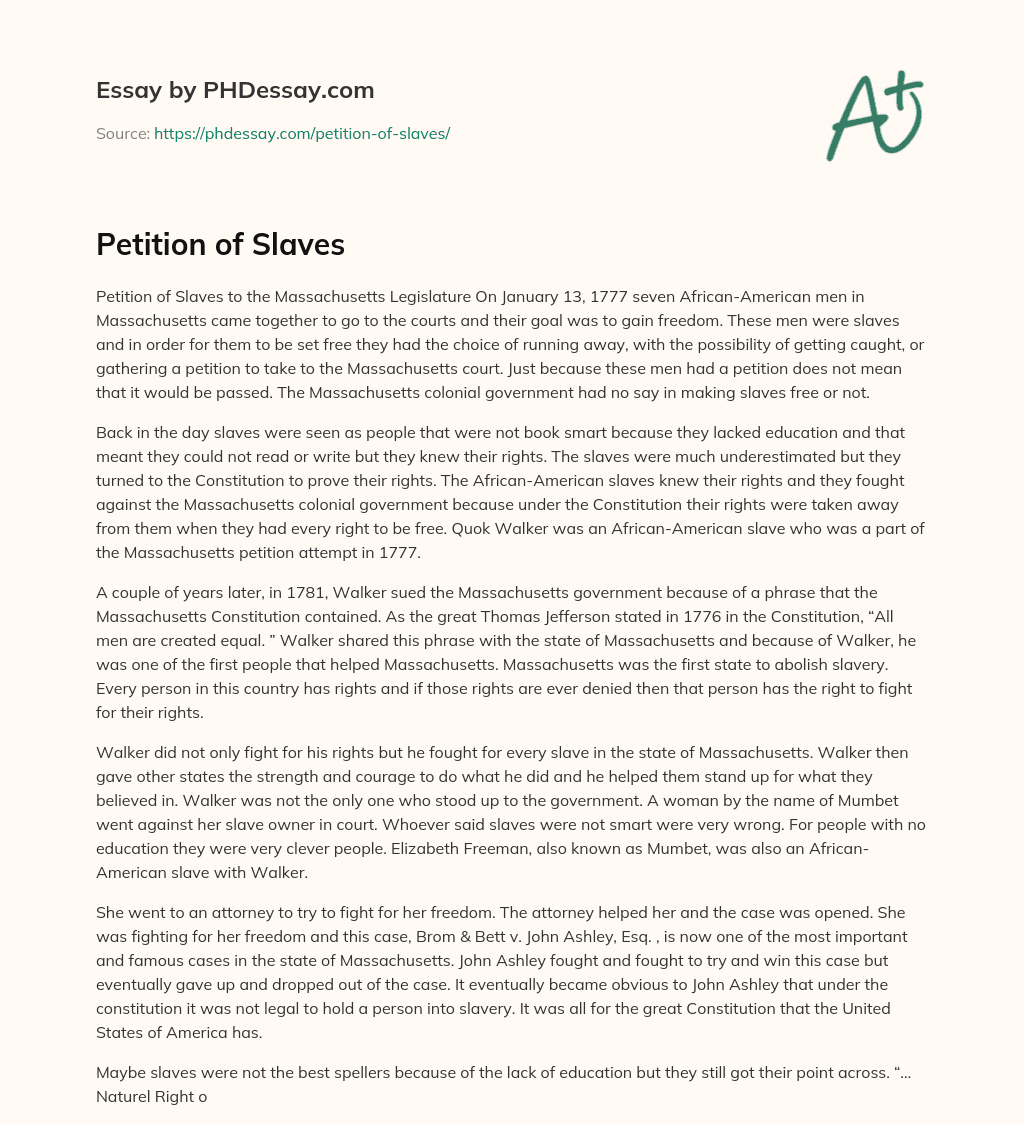 Petition of Slaves essay