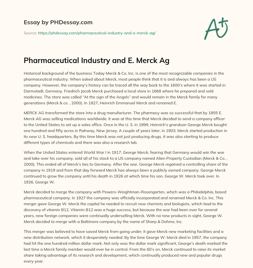 Pharmaceutical Industry and E. Merck Ag essay