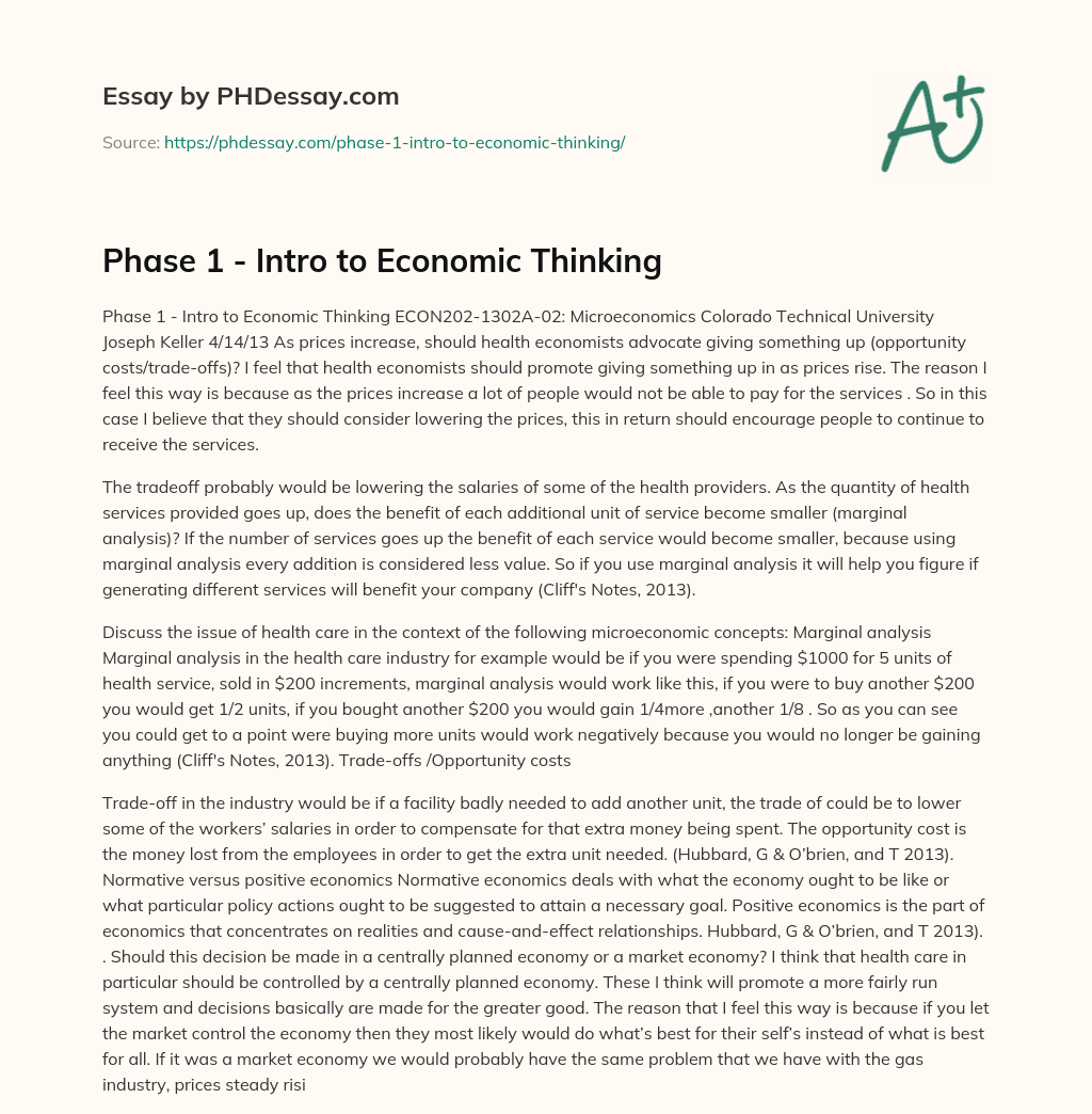 Phase 1 – Intro to Economic Thinking essay