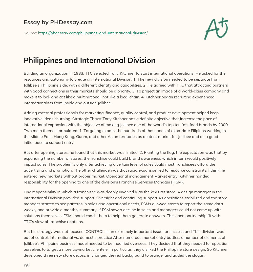 Philippines and International Division essay