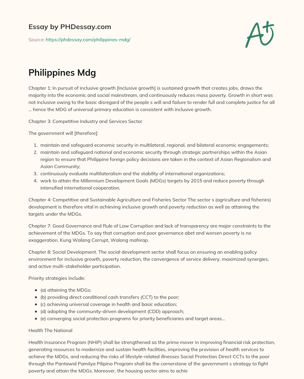 Philippines Mdg essay