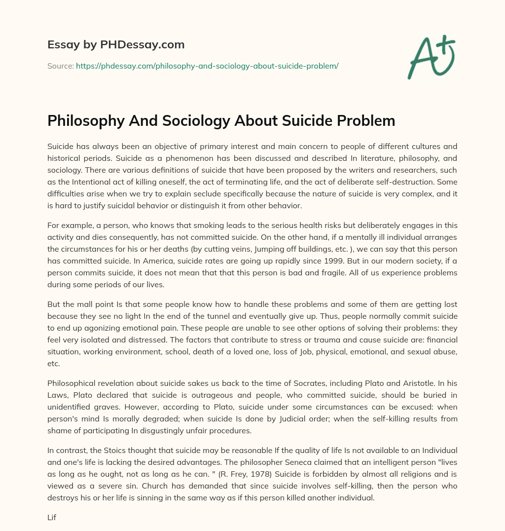 Philosophy And Sociology About Suicide Problem essay
