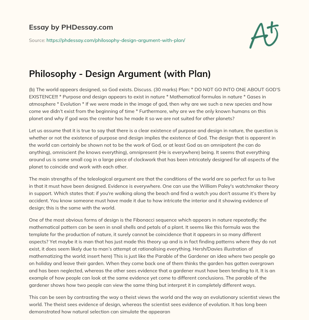 Philosophy – Design Argument (with Plan) essay