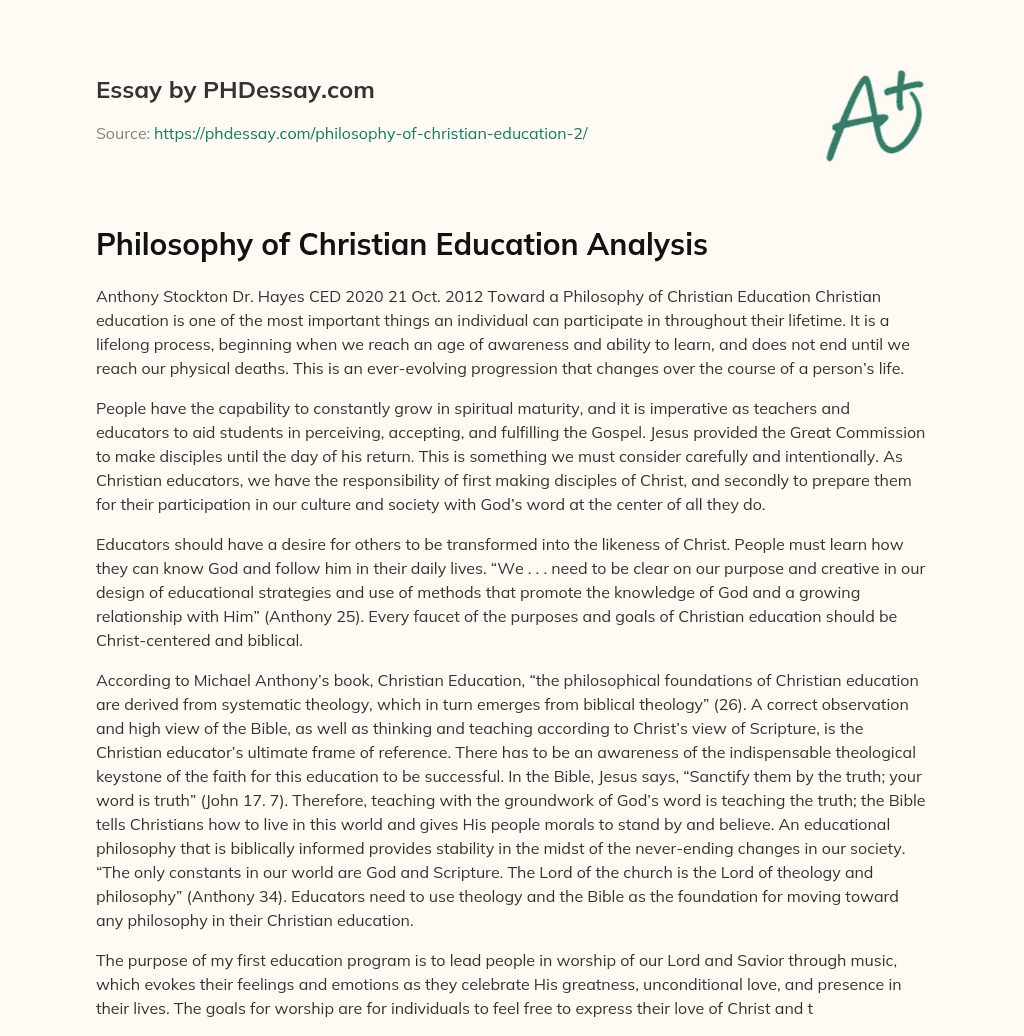 Philosophy of Christian Education Analysis essay