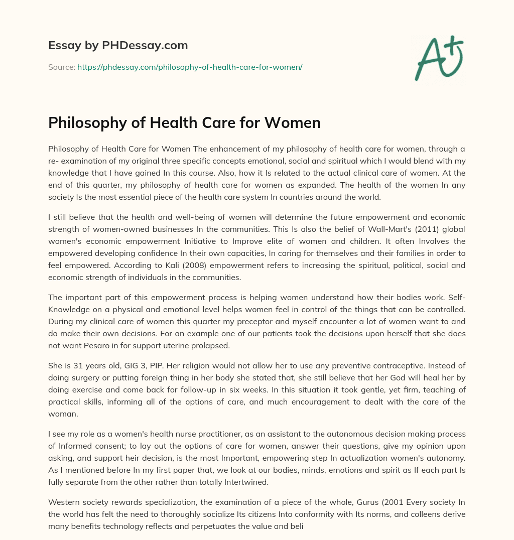 Philosophy of Health Care for Women essay