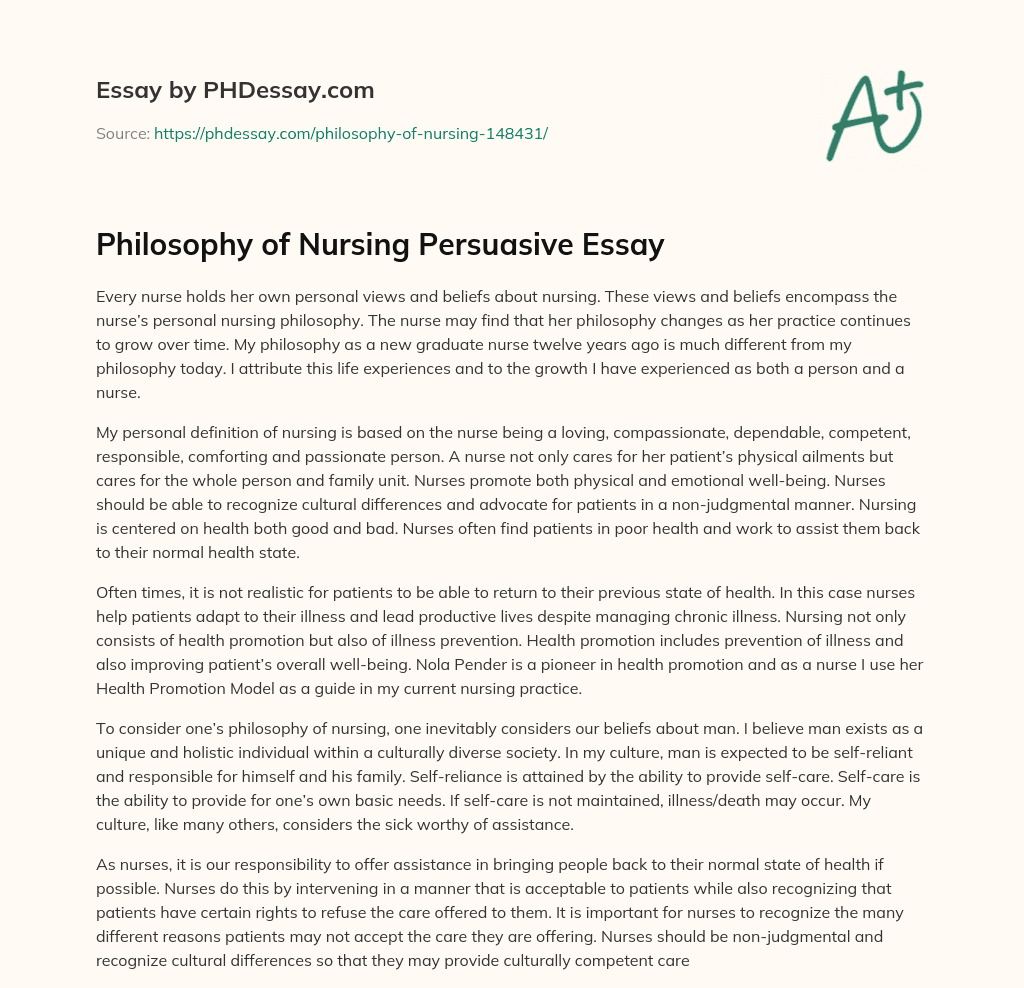 Philosophy of Nursing Persuasive Essay essay