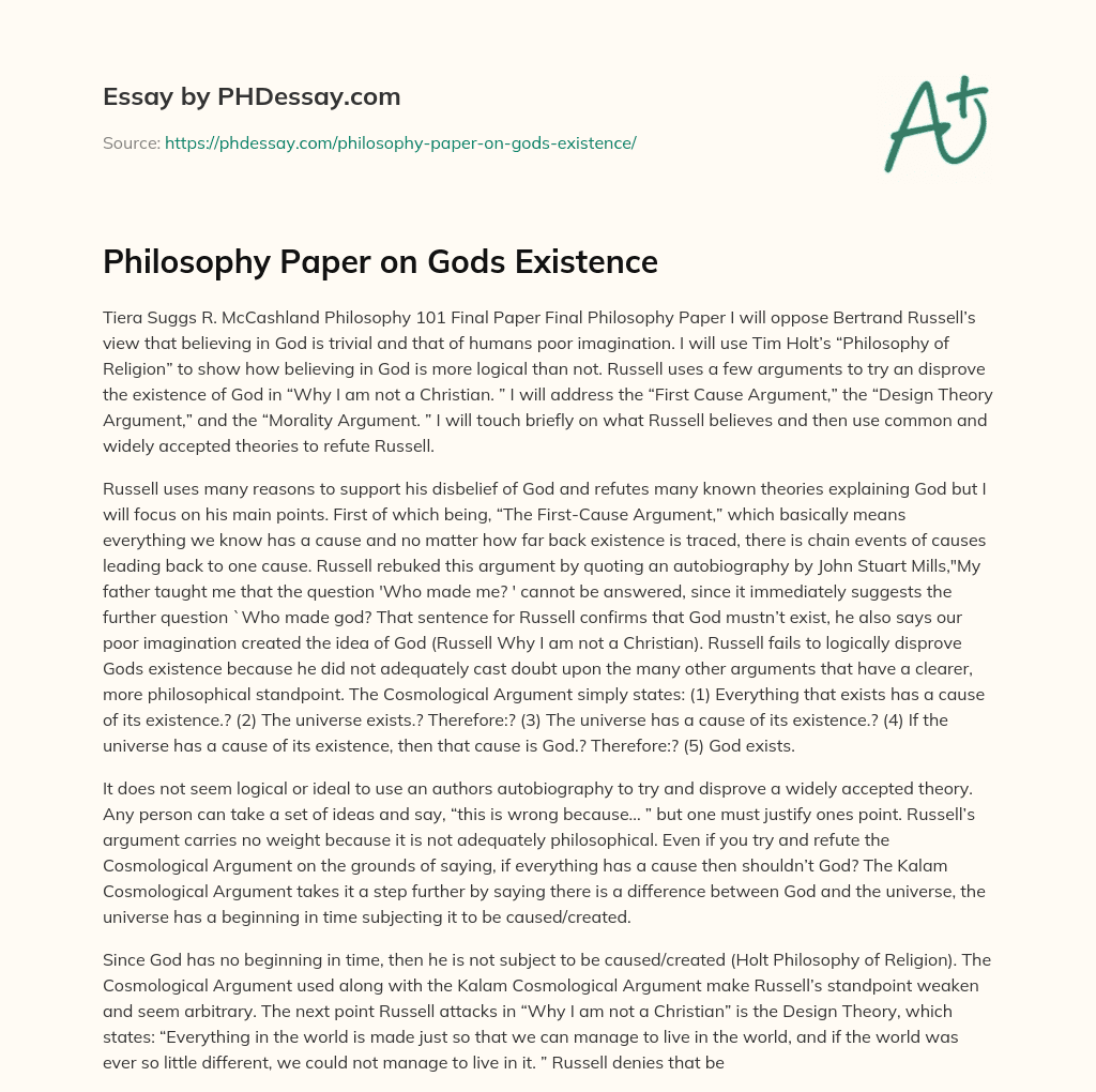 Philosophy Paper on Gods Existence essay