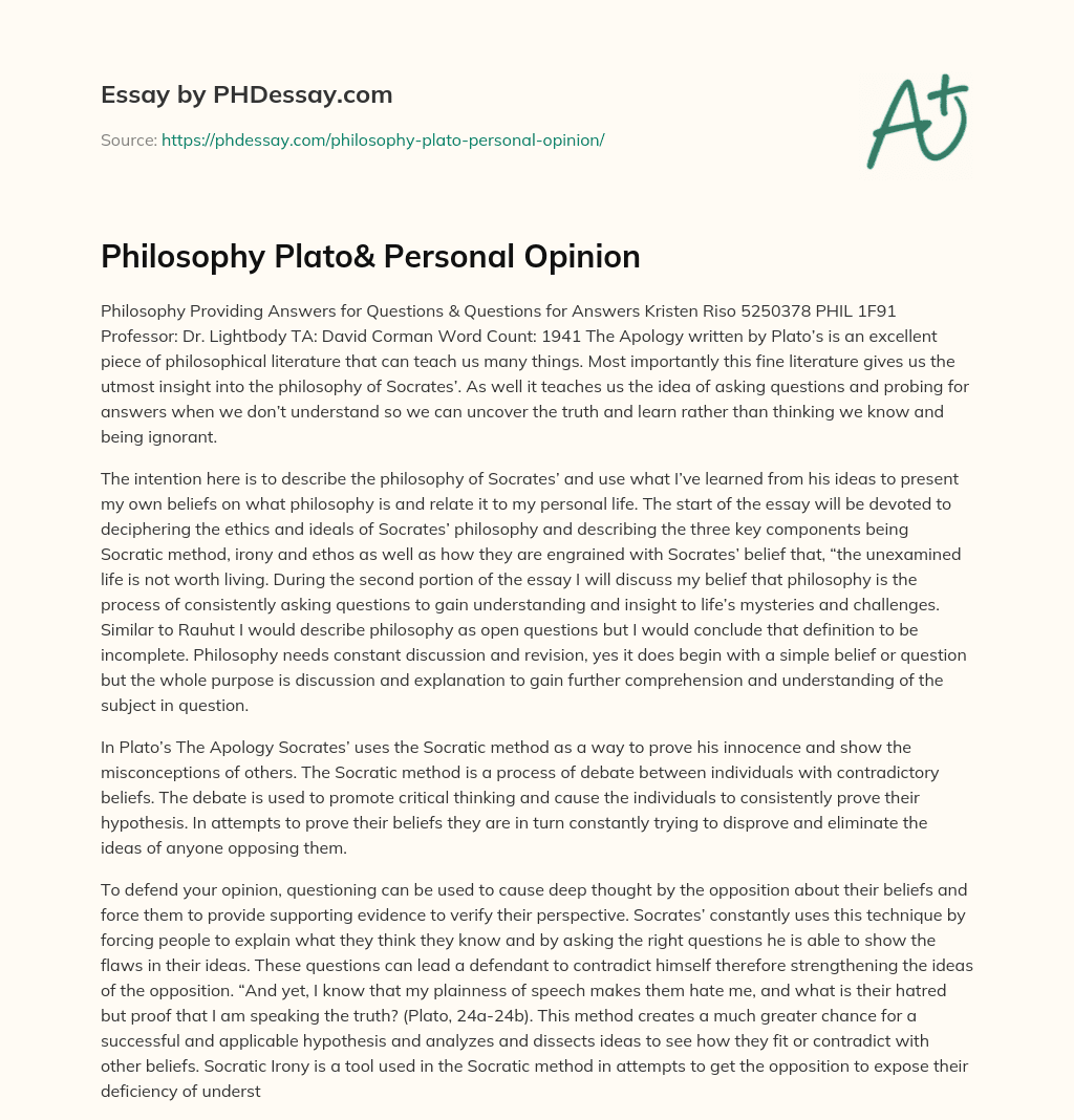 Philosophy Plato& Personal Opinion essay