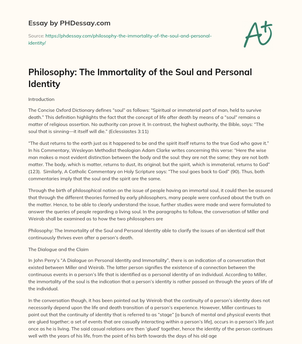 Philosophy: The Immortality of the Soul and Personal Identity essay