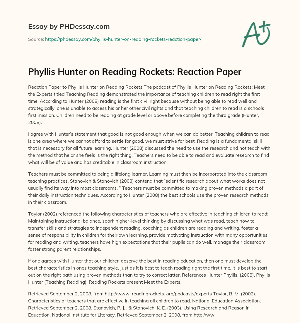 Phyllis Hunter on Reading Rockets: Reaction Paper essay