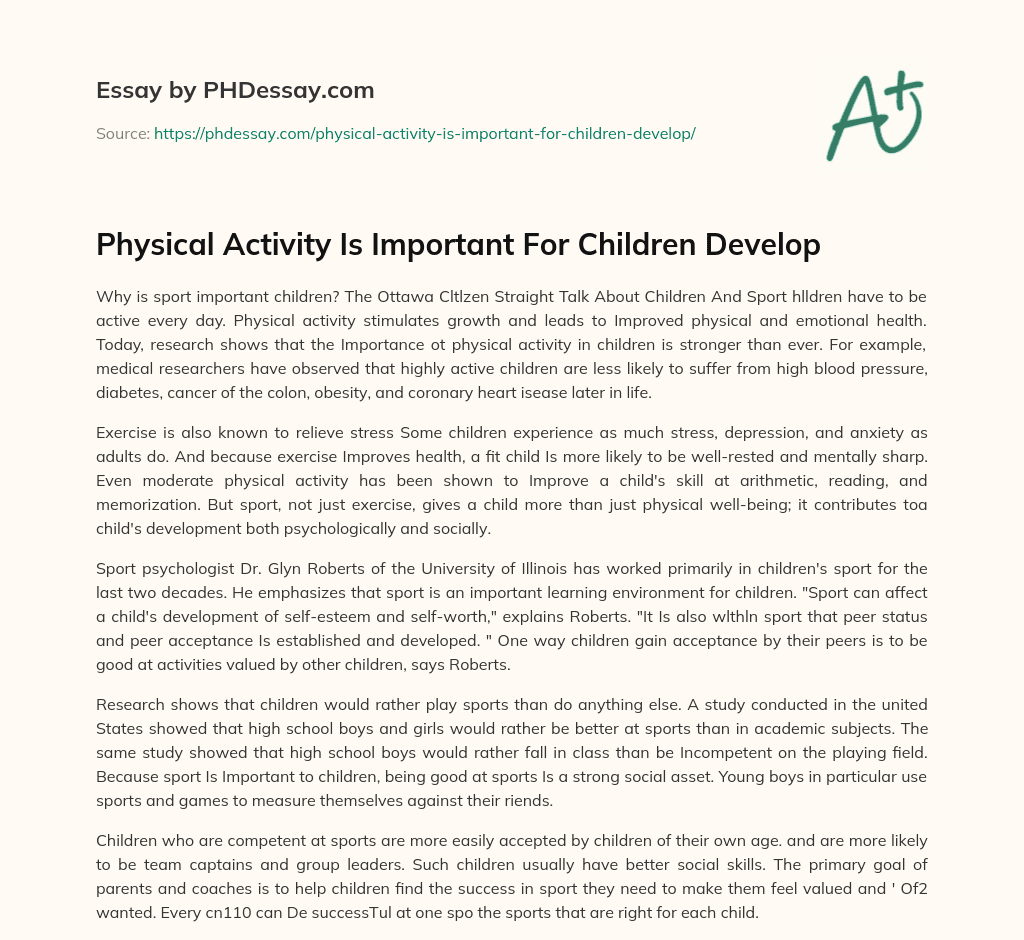 Physical Activity Is Important For Children Develop essay