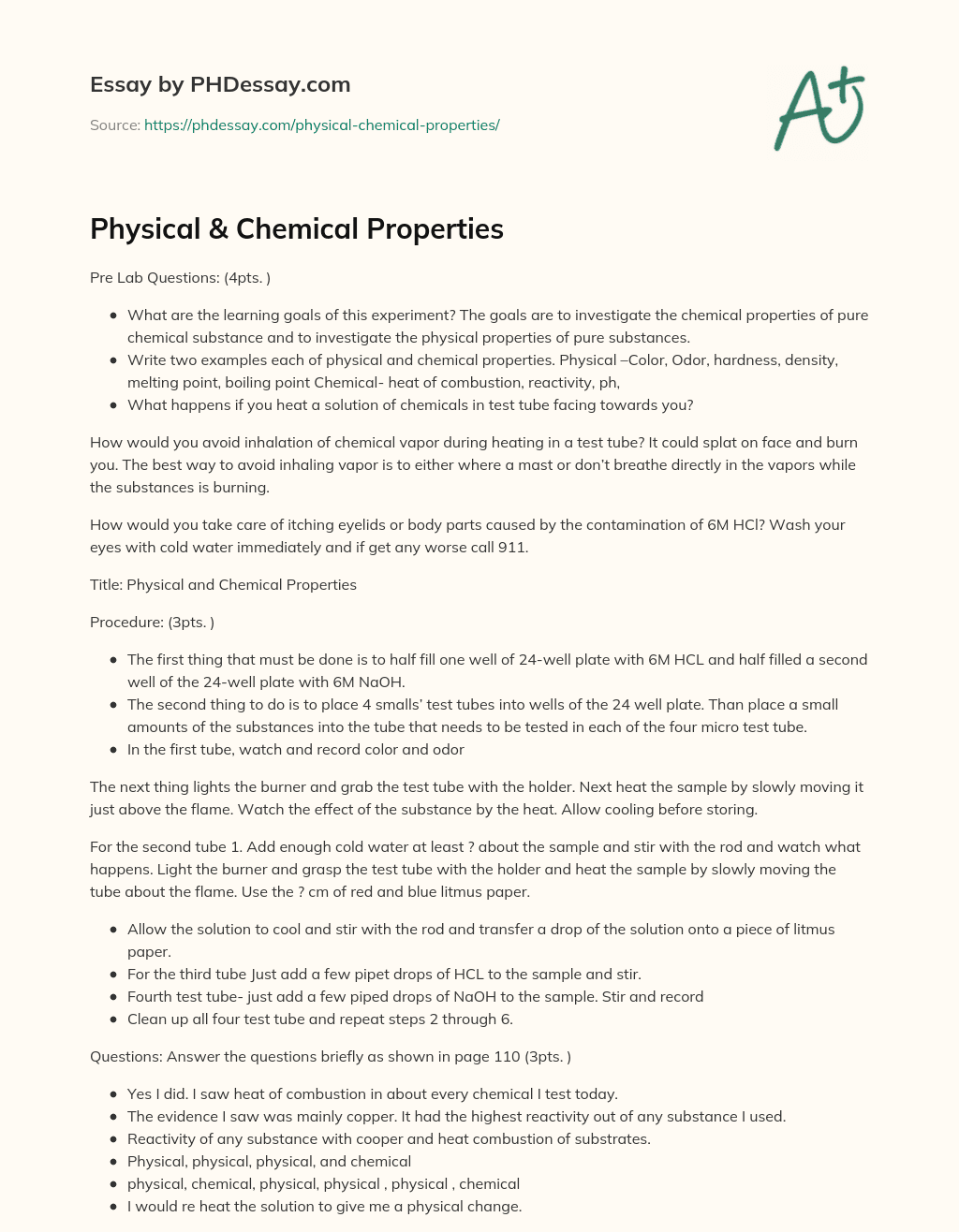 Physical & Chemical Properties essay