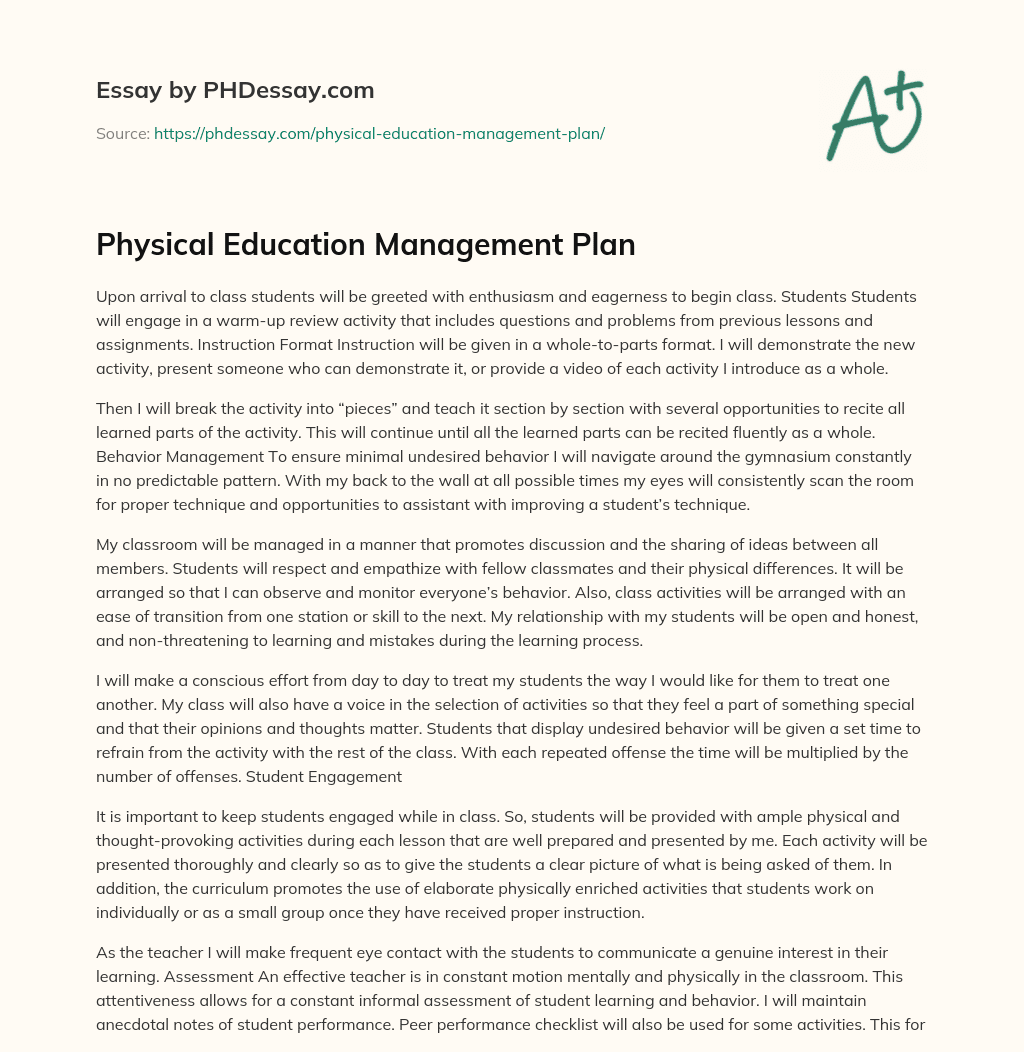 Physical Education Management Plan essay