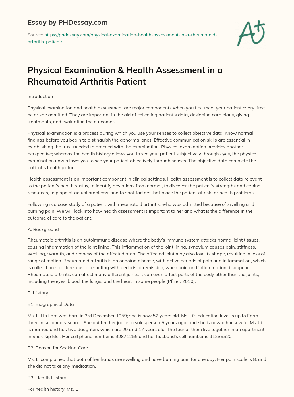 Physical Examination & Health Assessment in a Rheumatoid Arthritis Patient essay
