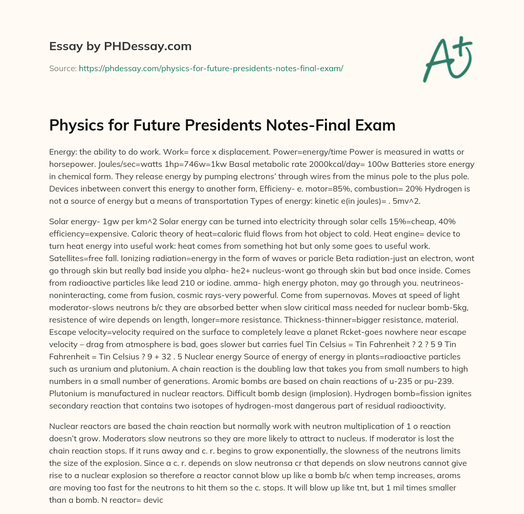 Physics for Future Presidents Notes-Final Exam essay