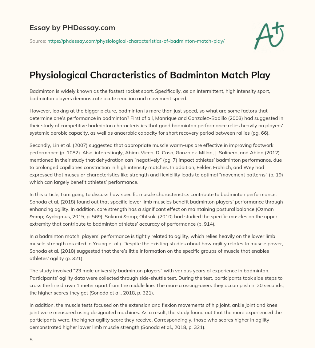 Physiological Characteristics of Badminton Match Play essay