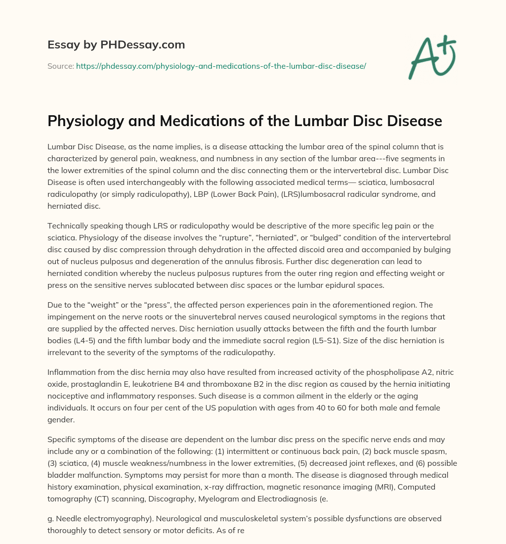 Physiology and Medications of the Lumbar Disc Disease essay