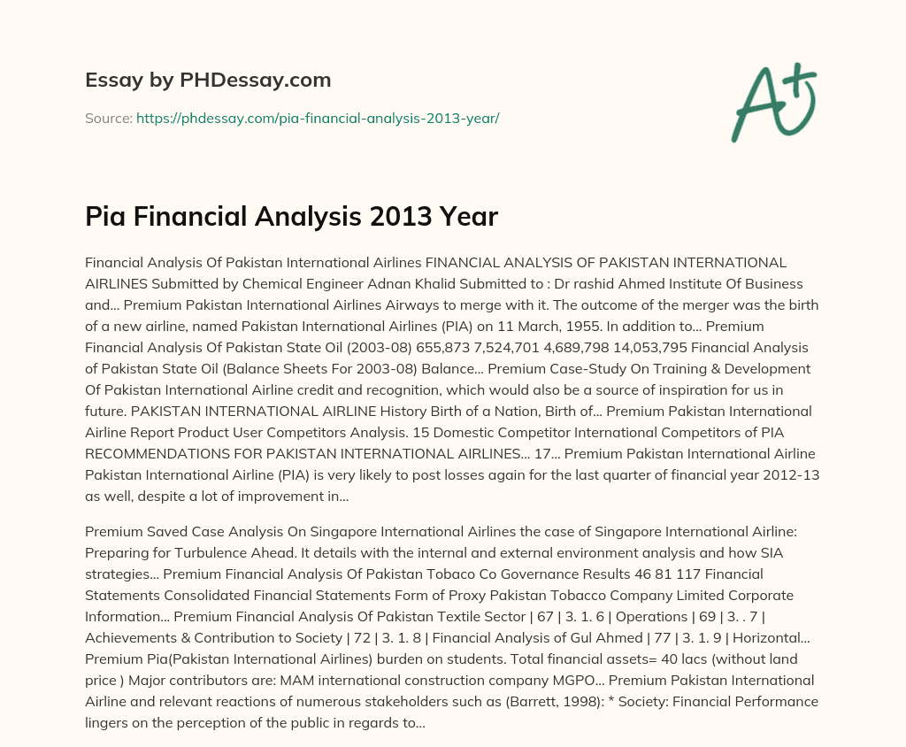 Pia Financial Analysis 2013 Year essay