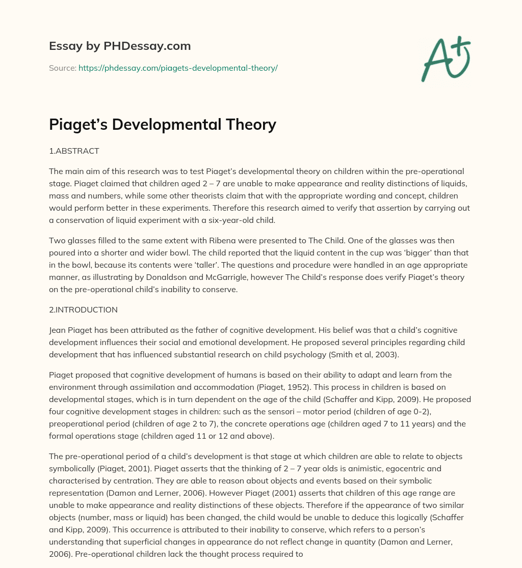 Piaget’s Developmental Theory essay