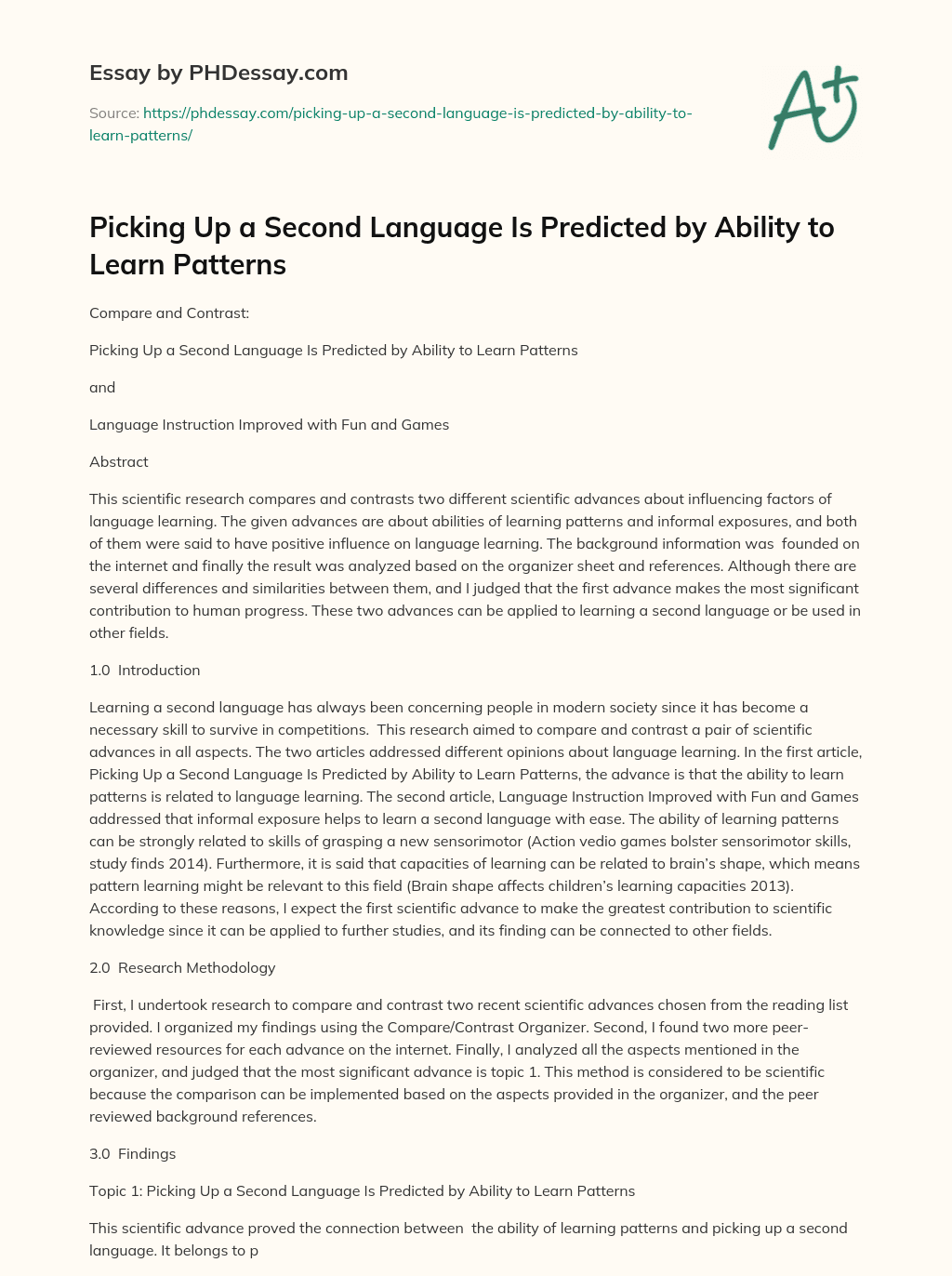 Picking Up a Second Language Is Predicted by Ability to Learn Patterns essay