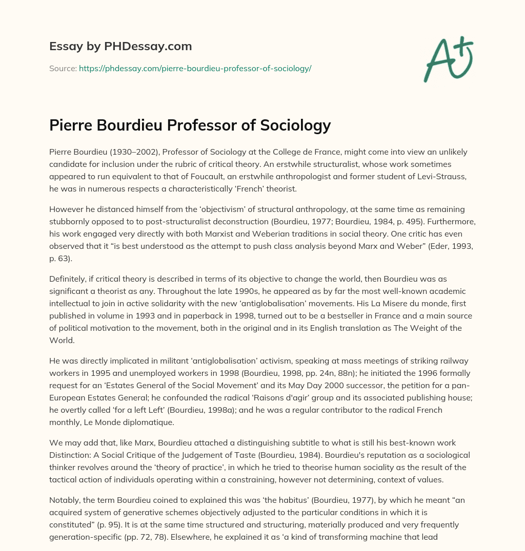 Pierre Bourdieu Professor of Sociology essay