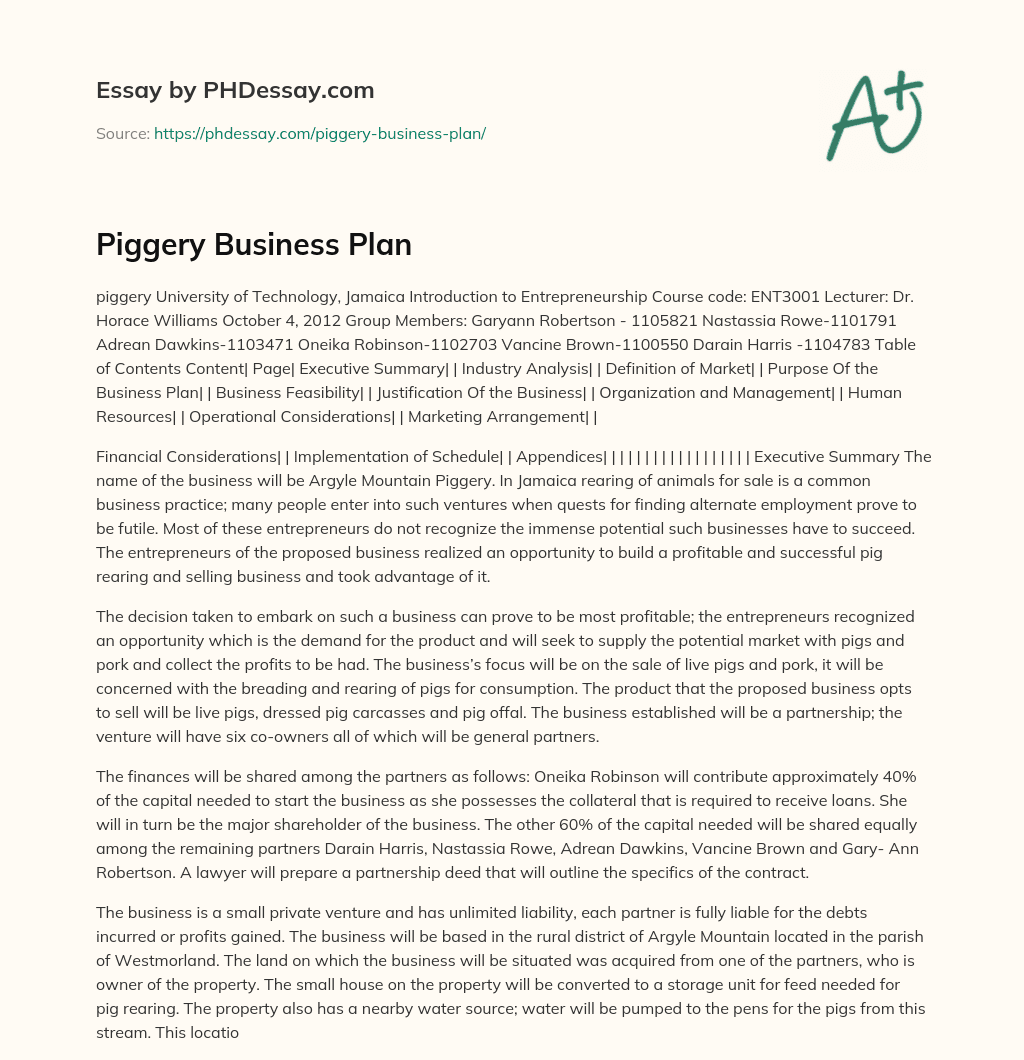 sample business plan for piggery