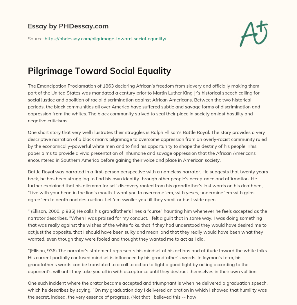 Pilgrimage Toward Social Equality essay