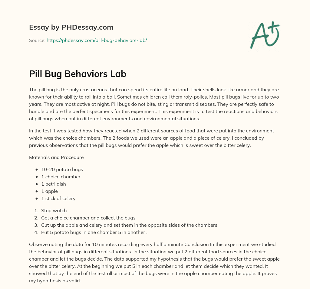 Pill Bug Behaviors Lab essay
