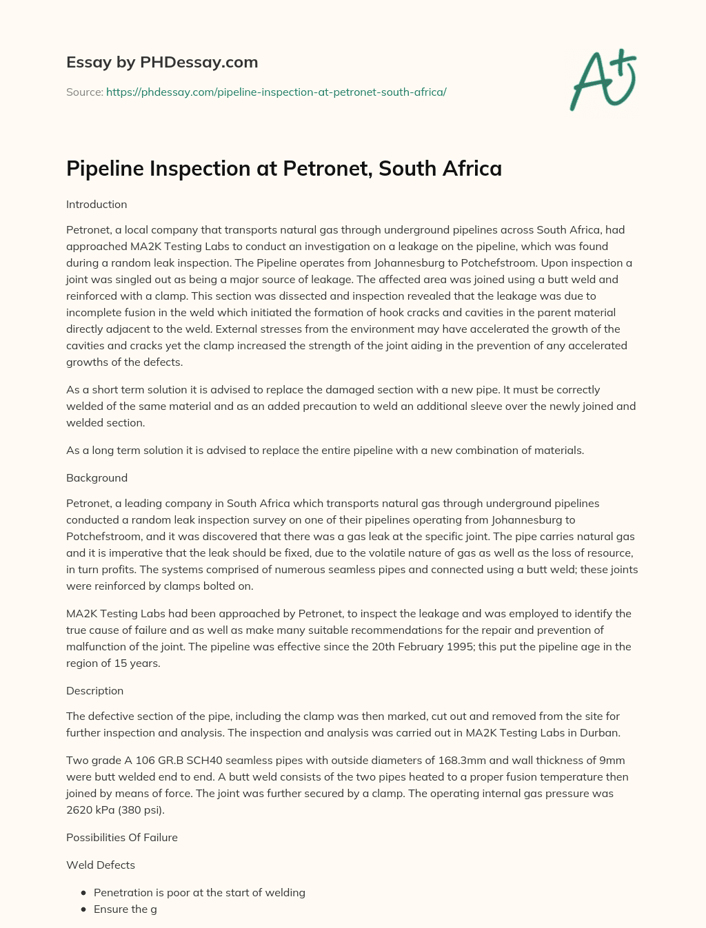 Pipeline Inspection at Petronet, South Africa essay