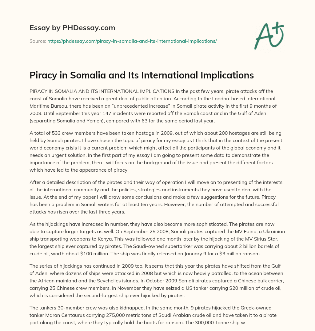 Piracy in Somalia and Its International Implications essay