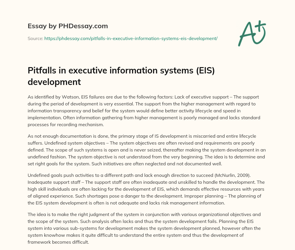Pitfalls in executive information systems (EIS) development essay