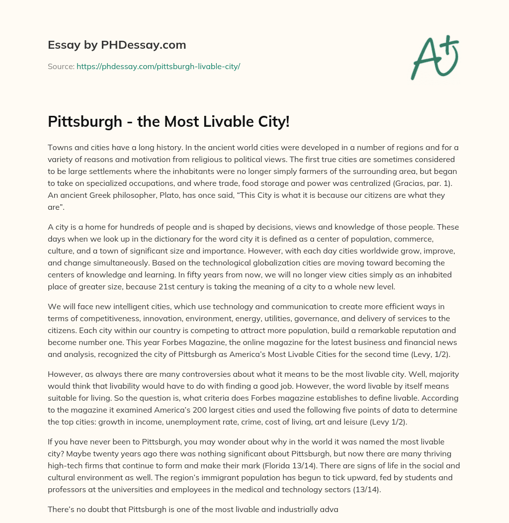 Pittsburgh – the Most Livable City! essay
