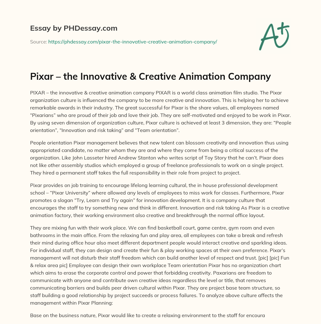 Pixar – the Innovative & Creative Animation Company essay