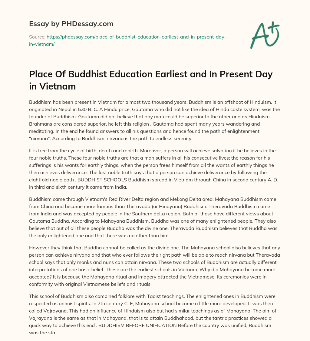 Place Of Buddhist Education Earliest and In Present Day in Vietnam essay