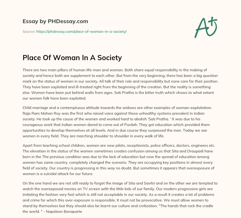 Place Of Woman In A Society (400 Words)