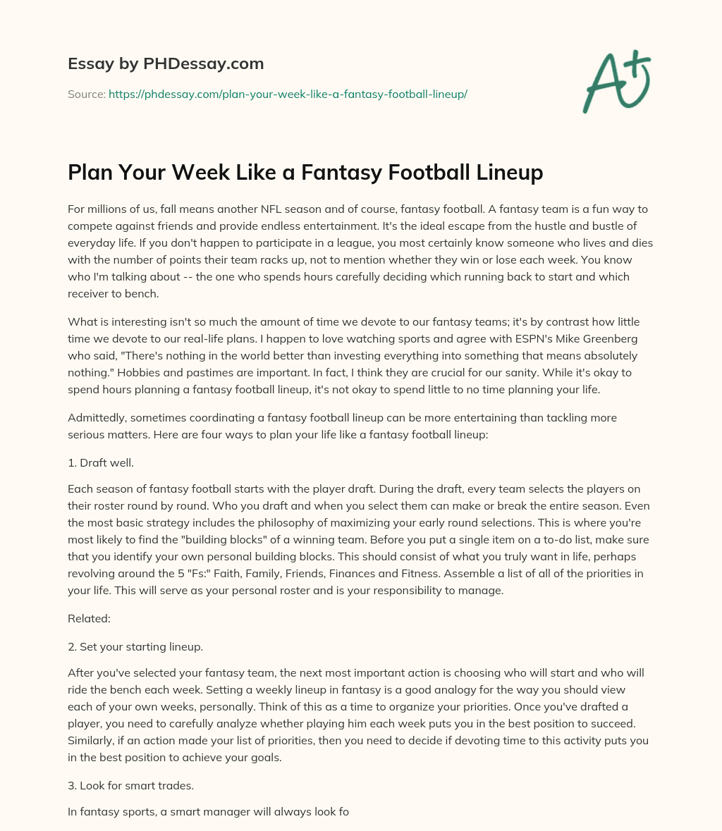 Plan Your Week Like a Fantasy Football Lineup essay