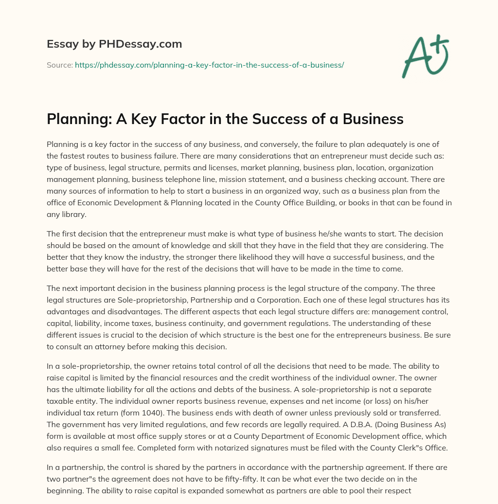 Planning: A Key Factor in the Success of a Business essay