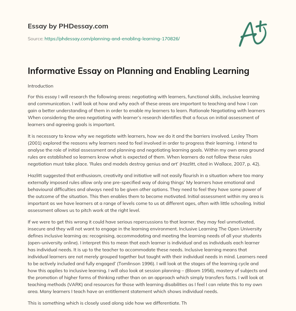 Informative Essay on Planning and Enabling Learning essay