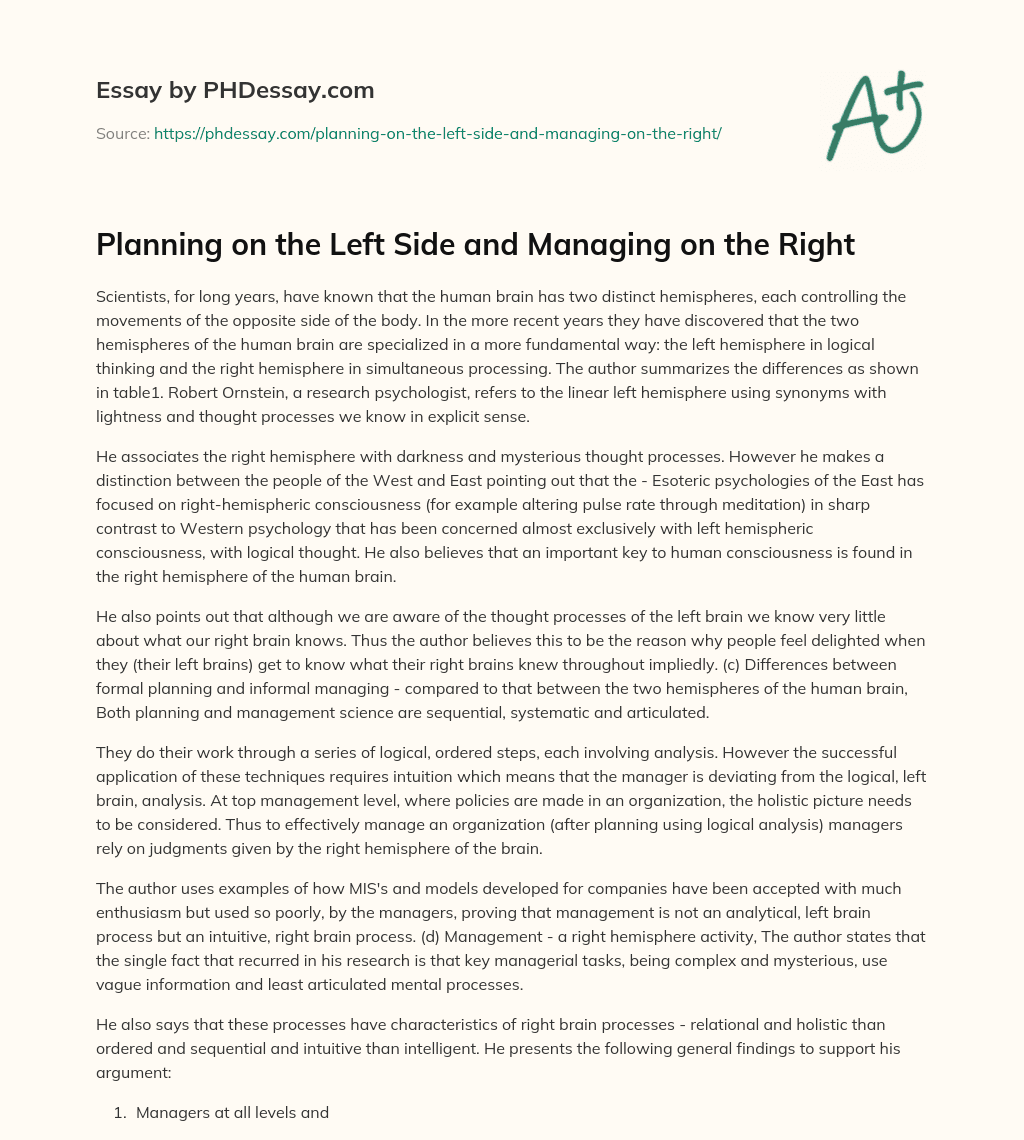 Planning on the Left Side and Managing on the Right essay