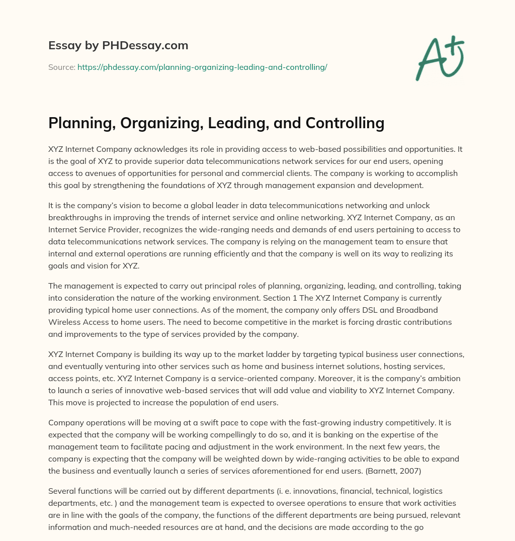 Planning, Organizing, Leading, and Controlling essay