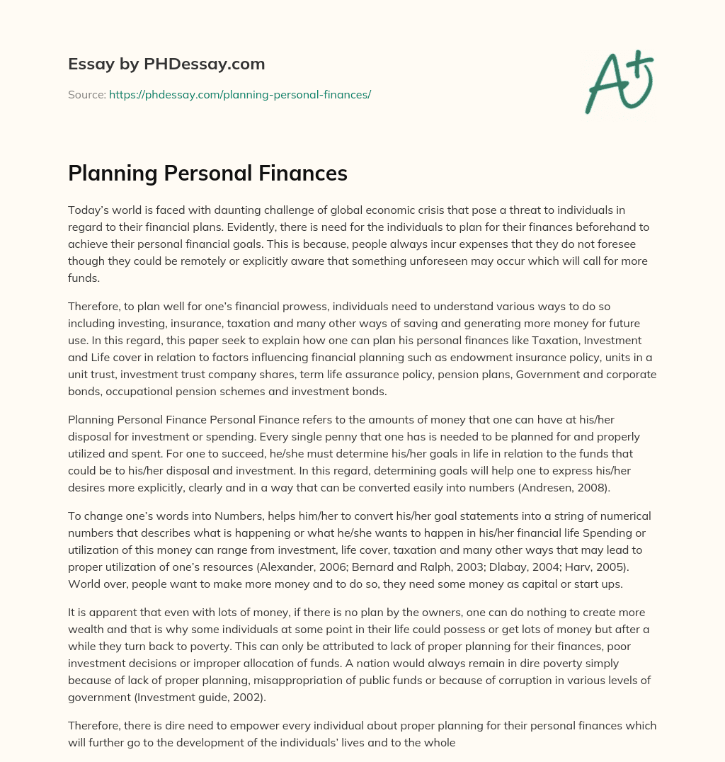 Planning Personal Finances essay