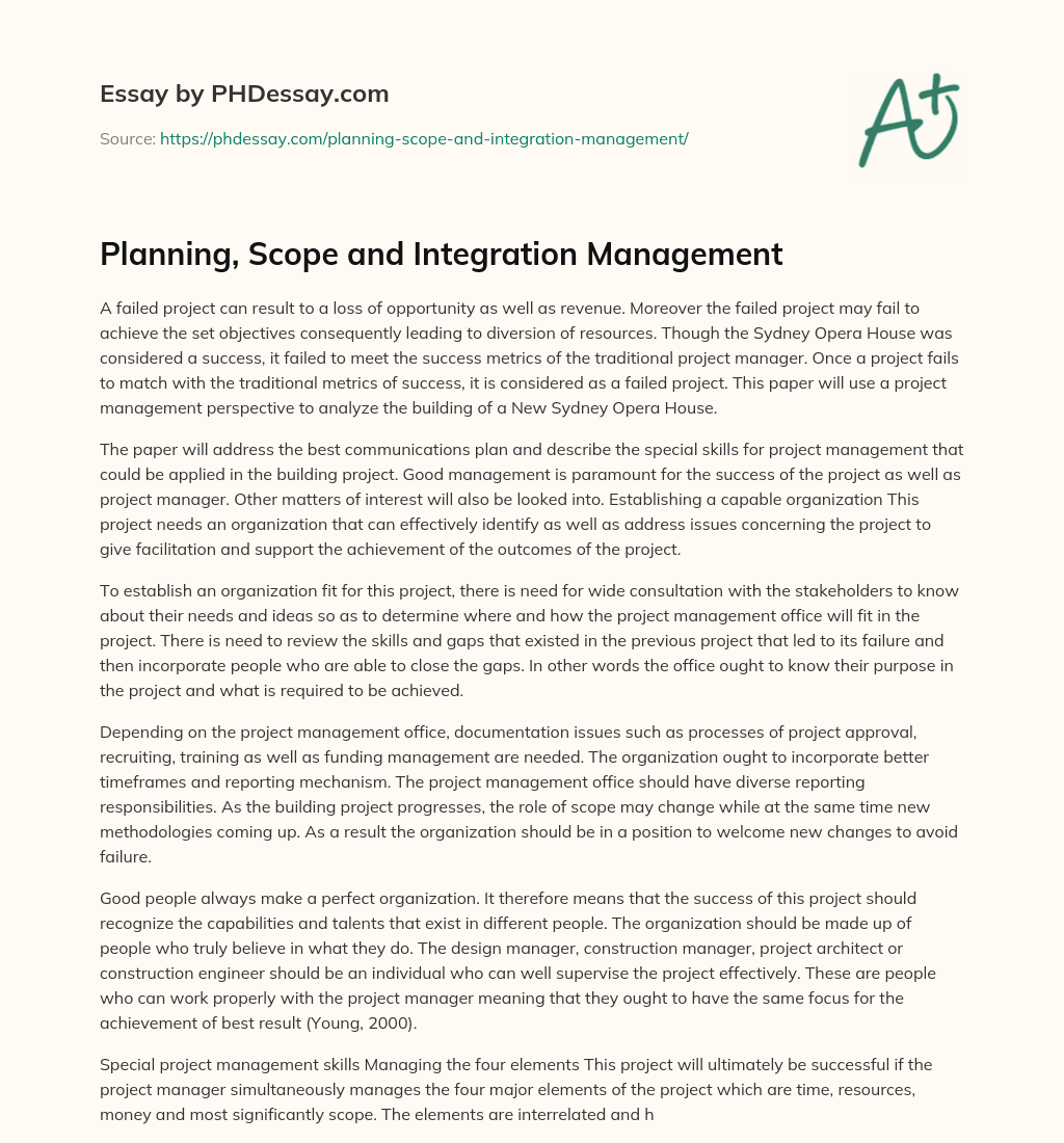Planning, Scope and Integration Management essay
