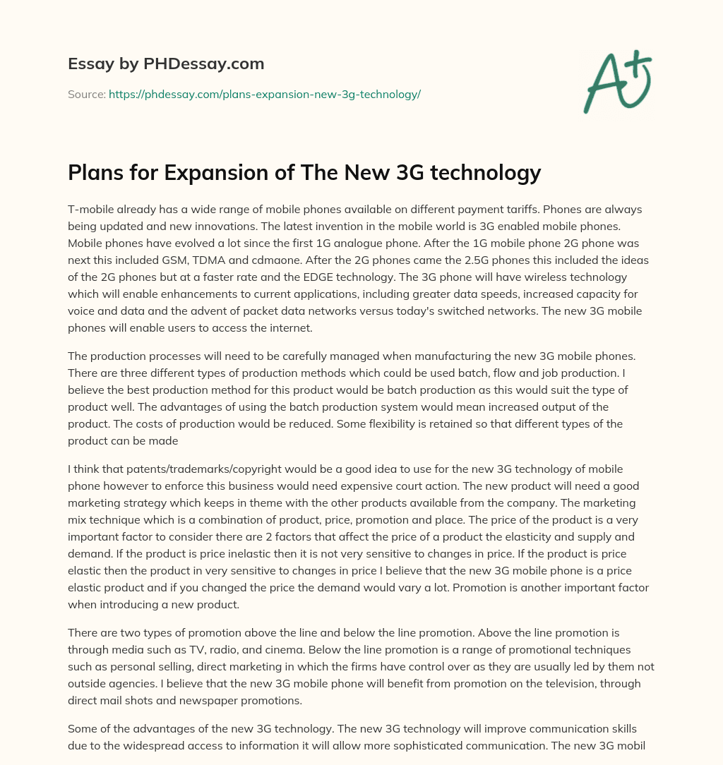 Plans for Expansion of The New 3G technology essay