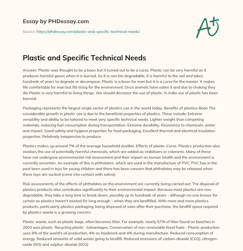 Plastic and Specific Technical Needs essay