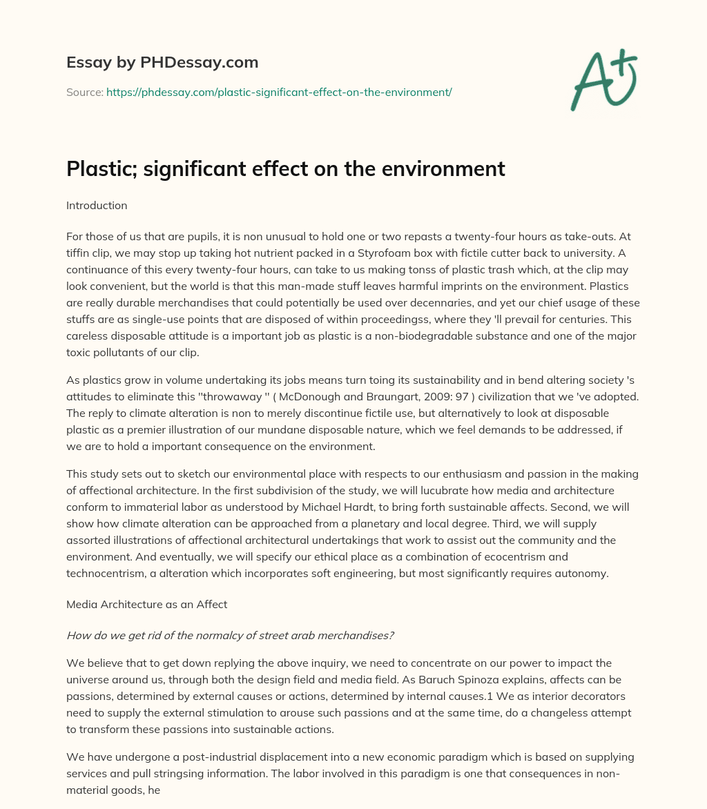 Plastic; significant effect on the environment essay